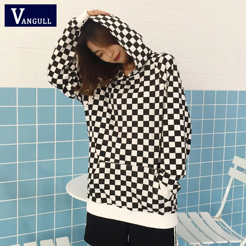 

Vangull 2019 Fashion Black White Plaid Loose Long Sleeve Hooded Sweatshirts Women Checkerboard Hoodies Spring Autumn Streetwear