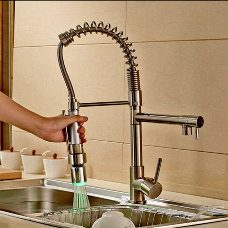 Senlesen Brushed Nickel Kitchen Faucet Swivel Spouts Led Sprayer