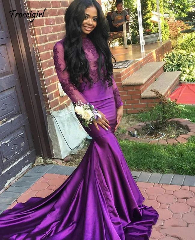

African Purple Lace Appliques Long Sleeves Prom Dresses 2019 Sexy Backless High Neck Mermaid Black Girls Evening Gowns Party Wea