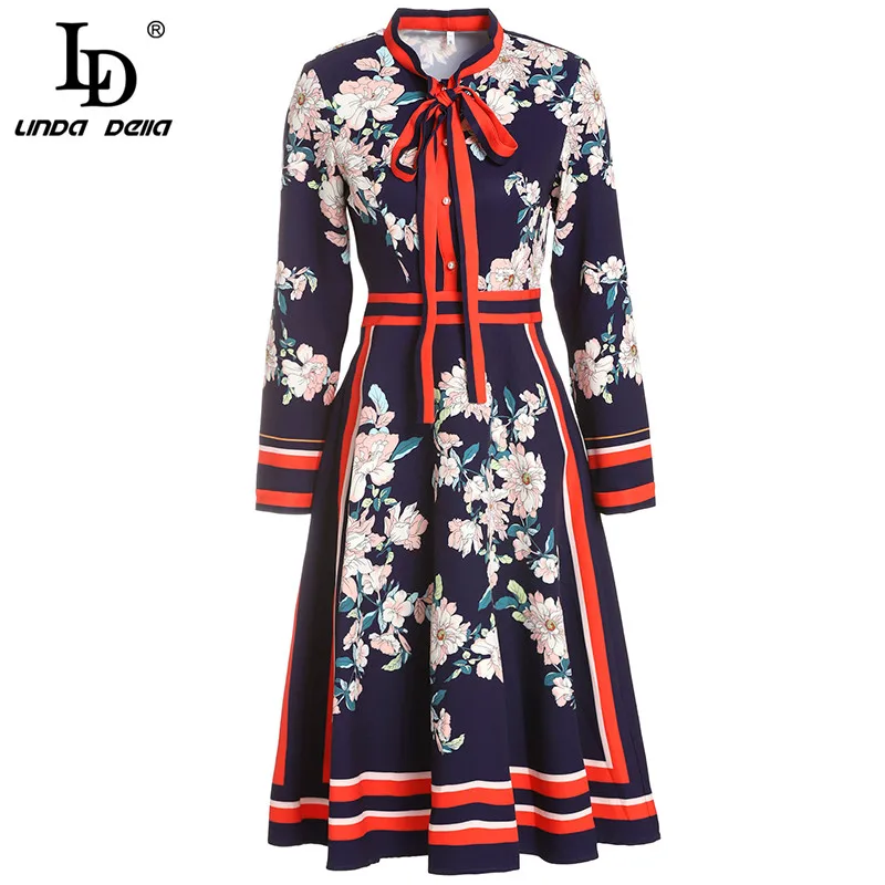 

LD LINDA DELLA 2019 Spring Fashion Runway Dress Women's Long Sleeve Bow Collar Multicolor Floral Print Vintage Dress vestidos