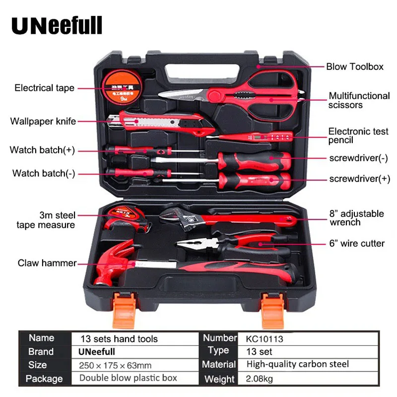 

UNeefull 13 Piece General Household Hand Repair Tool Set with Woodworking&electrician Pliers Wrench,Screwdriver,Hammer, Knife