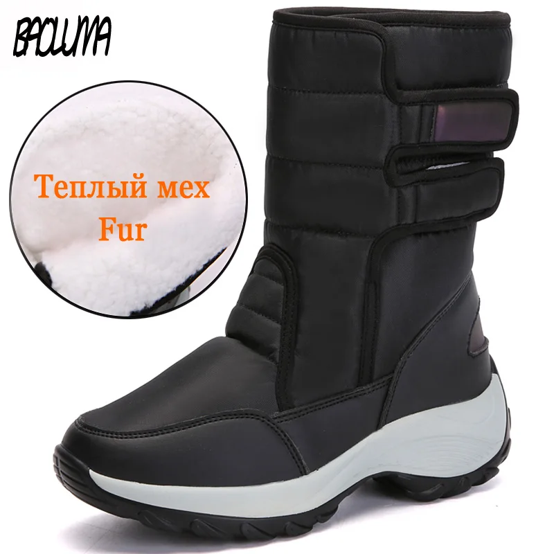 Брендовые непромокаемые женские зимние ботинки из толстого плюша женские ботинки до середины икры ботинки на танкетке из ткани Оксфорд без застежки теплая Повседневная обувь