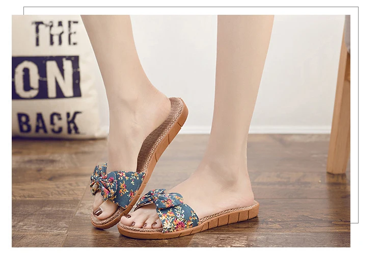 LCIZRONG/летние женские шлепанцы с цветочным рисунком; 5 цветов; льняная Соломенная пляжная женская домашняя обувь в богемном стиле; нескользящая женская обувь на плоской подошве
