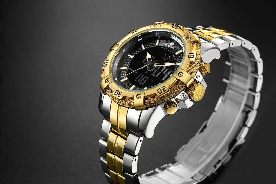 GOLDENHOUR Herren-Armbanduhr, digital, analog, sportlich, wasserdicht, zweifarbig, Edelstahl_voghion.com