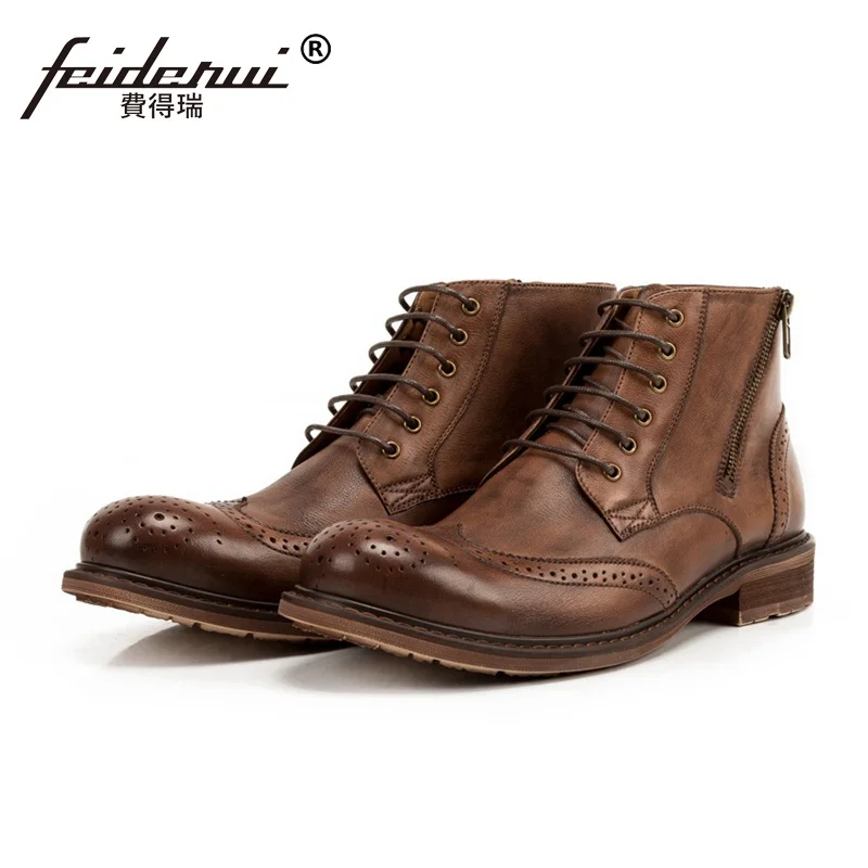 

New Arrival Wingtip Man High-Top Brogue Martin Shoes Genuine Leather Round Toe Carved Handmade Motorcycle Ankle Boots SS113