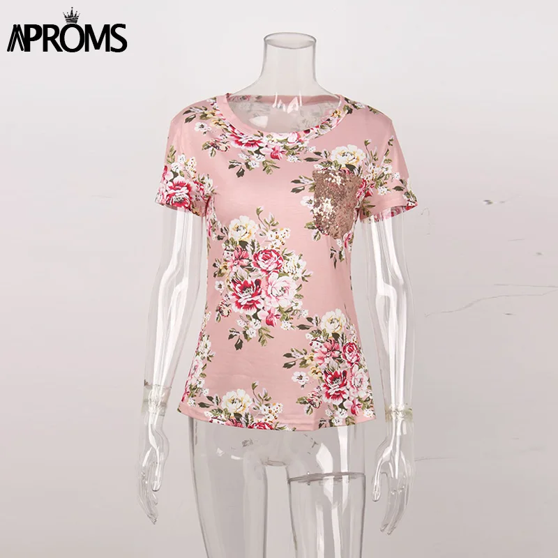 Aproms Sweet Floral Print Bandage T-Shirt Women Fashion 2018 Sequined Pocket T Shirt Female Casual Short Sleeve Slim Fit Top Tee