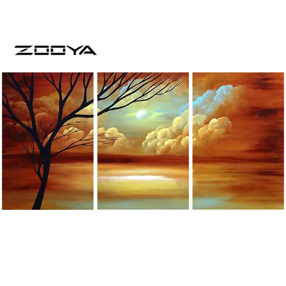 

ZOOYA Full Diamond Embroidery Painting Cross Stitch Cross-Stitch Triptych Paintings Landscape Tree Cloud Sun Home Decor RF881
