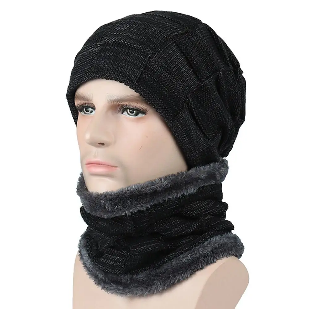 MISSKY 2 шт./компл. Мужская/женская теплая вязаная шапка в клетку+ нарукавник для шеи, модная теплая шапка для шеи, костюм - Цвет: black