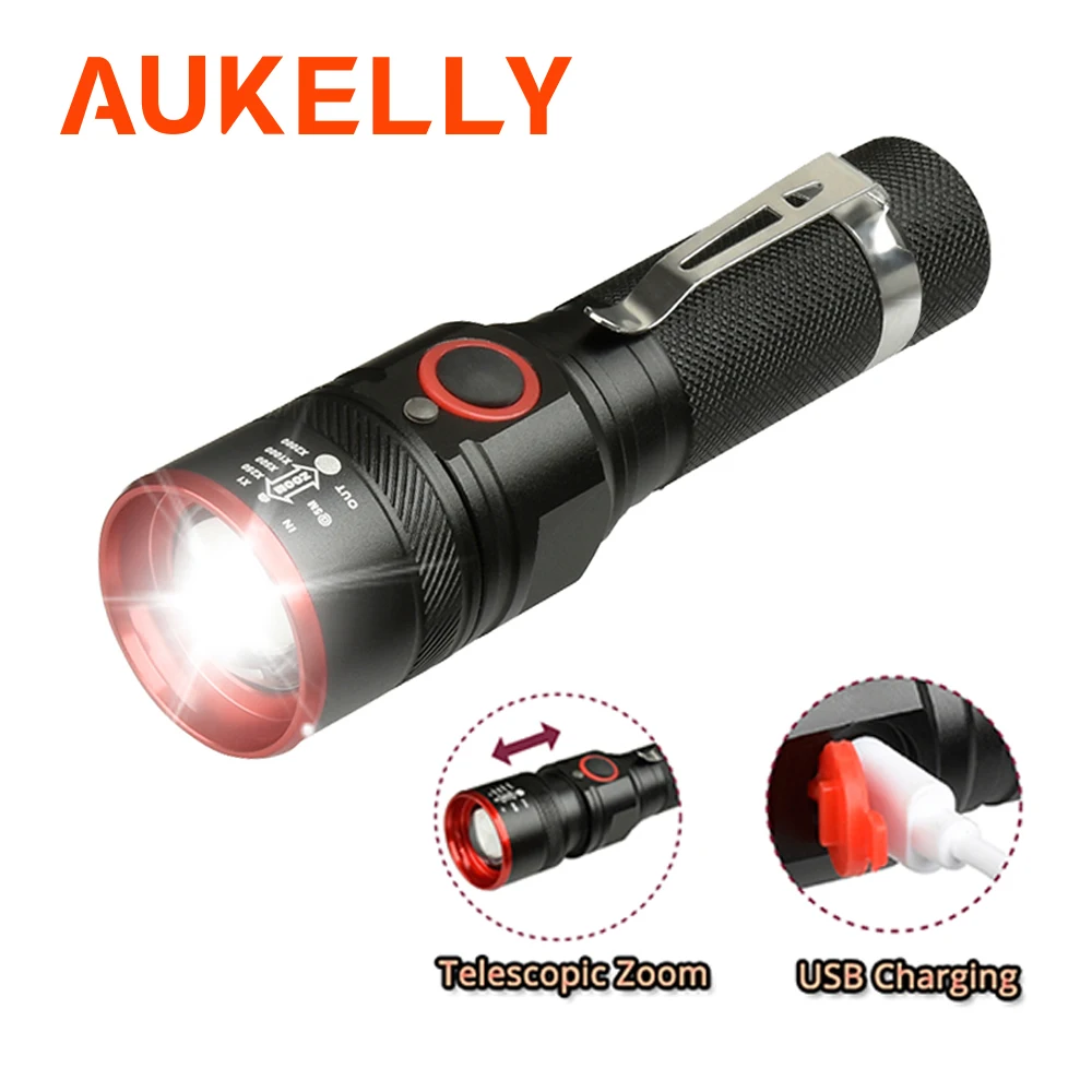 

Aukelly 6000LM USB Rechargeable Flashlight XML-T6 Led Flashlight Zoomable 3 modes Tactical torch for 18650 with USB cable