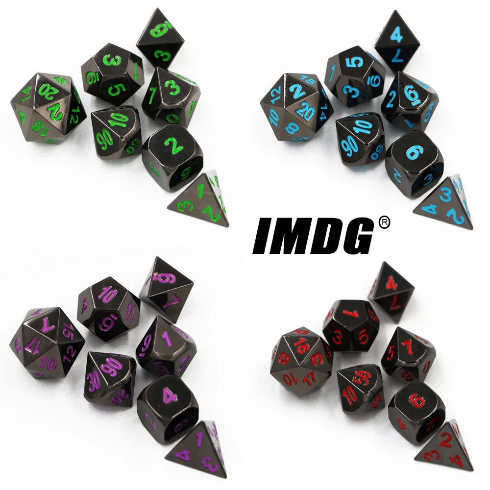 

IMDG 7pcs/set Creative RPG Game Dice Polyhedron Metal Dice DND Black Nickel Color Digital Game Dice