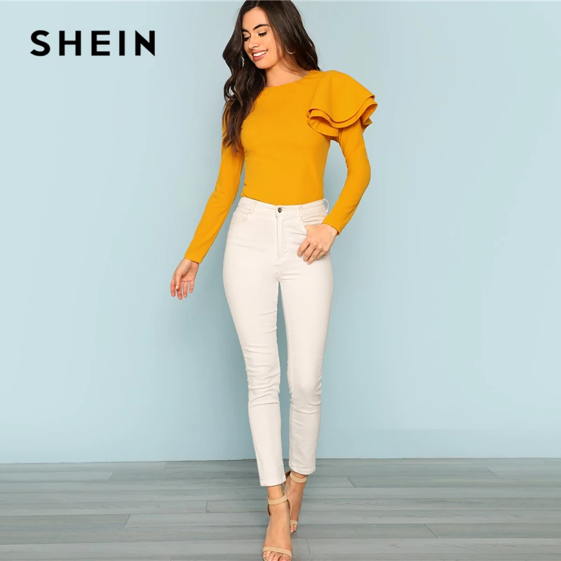 SHEIN элегантная однотонная облегающая футболка с длинным рукавом на молнии сзади и рюшами, Топ для женщин, современная Женская Осенняя футболка