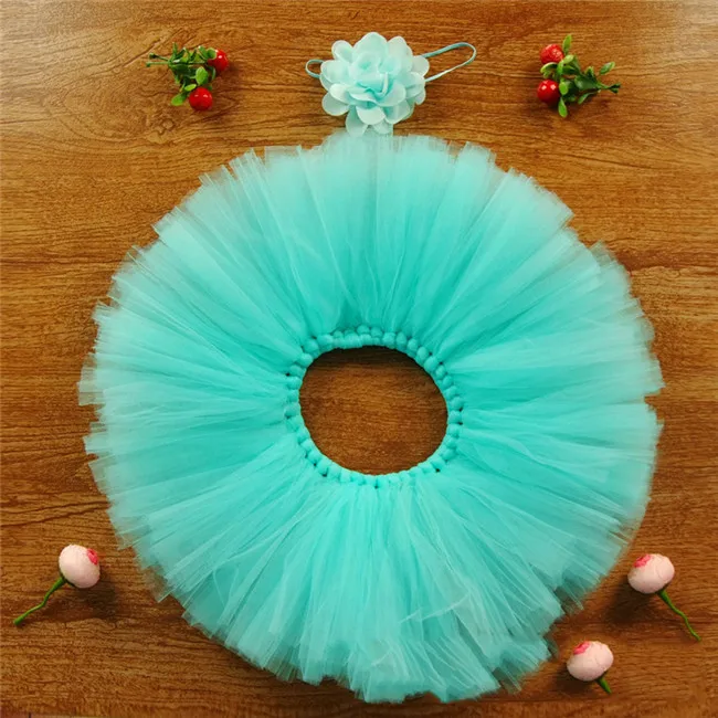 Новая юбка-пачка для новорожденных девочек комплект с повязкой на голову, резинка для волос с цветком из шифона, кружевная лента для фотосессии - Цвет: Lake Green