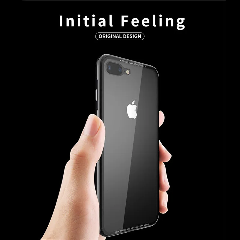 Luxury Metal Bumper Case For iPhone 7 8 Plus Original Hard Tempered Glass Cover 360 Full Protect Ba