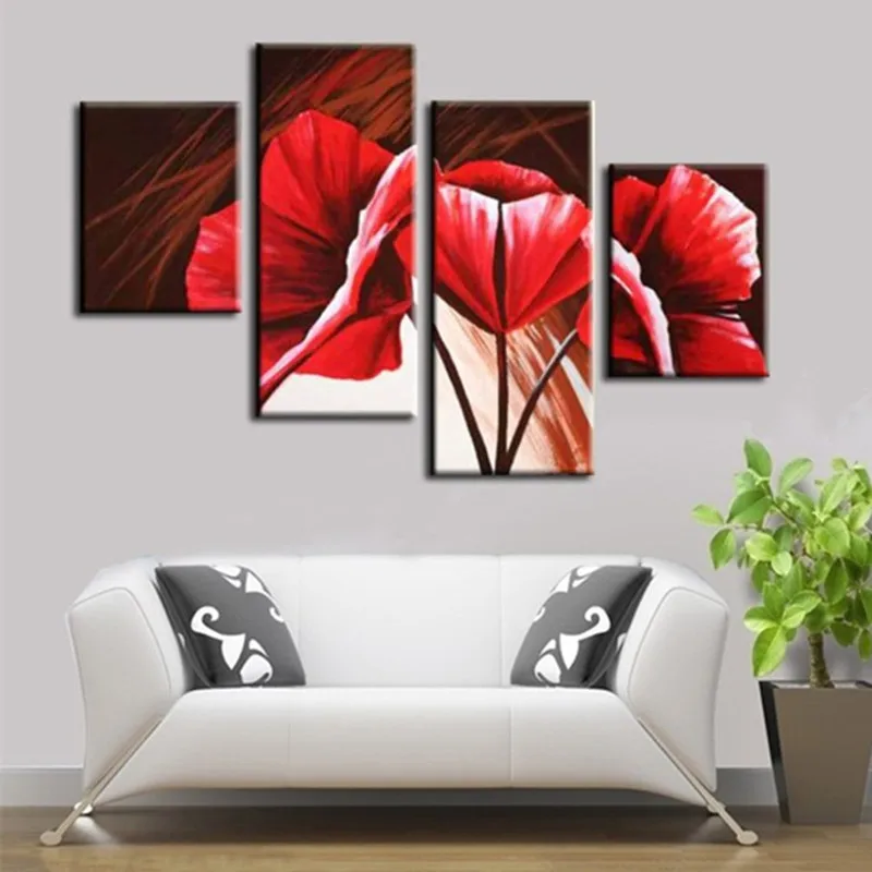 

Large Handmade Floral Paintings Handpainted Abstract Red Flower Oil Painting on Canvas 4 Piece Pictures Home Decoration Wall Art