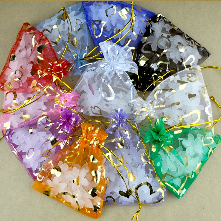 

Free shipping 100pcs 9x12cm random mixed color Drawable heart Organza Bags Christmas Gift Bag Jewelry Packaging Pouches