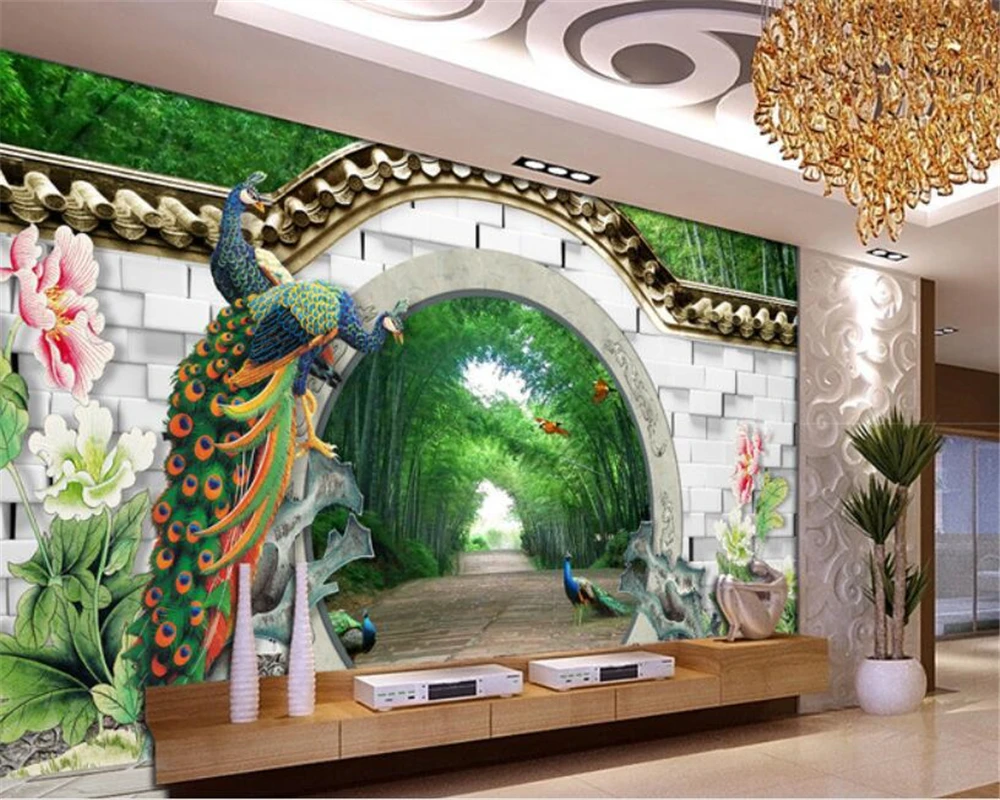 

Beibehang wall papers home decor Fantasy 3d spring bamboo forest arches brick wall peacock peony photo wallpaper papier peint