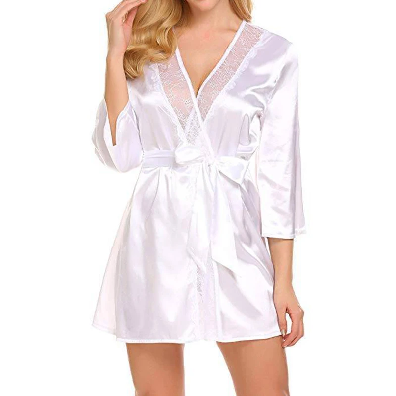 2019 New Chic Sexy Lace Sleepwear Woman Casual Half Sleeve Silk Kimono Nightdress Women's V-Neck Nightgown Nightwear For Female