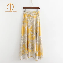 Новая летняя Женская атласная винтажная юбка с цветочным принтом и пуговицами спереди, дизайнерская Сексуальная Повседневная Свободная драпированная юбка средней длины с высоким разрезом для женщин