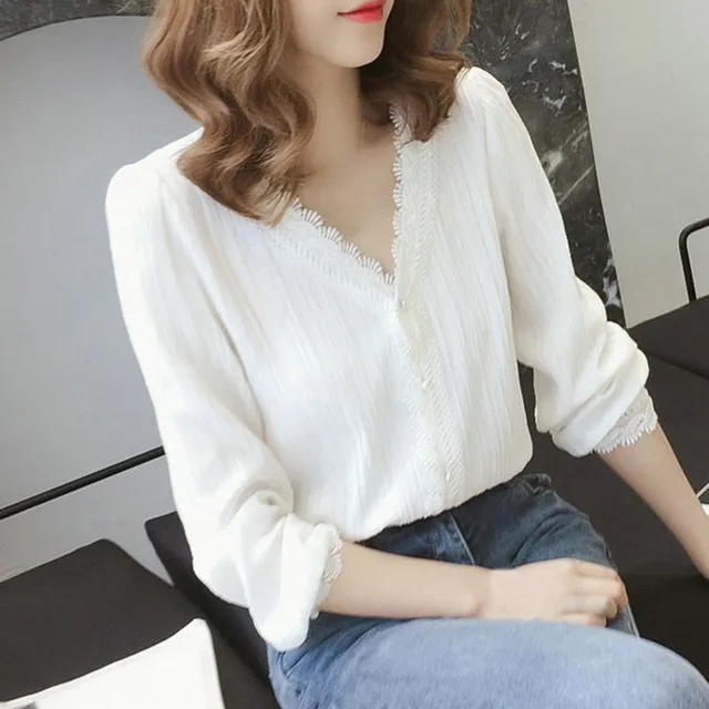 Female Lace Cuff Blouse White Blouse V Neck Long Sleeve Cut Out Lace ...