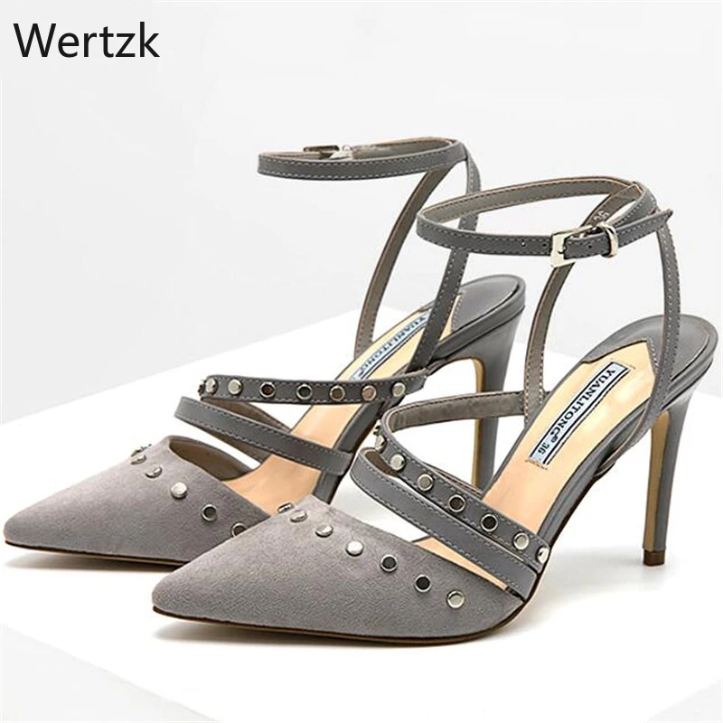 

2019 Ladies High Heel Sandals Ankle Strap Pointed Toe Stiletto Heels Summer Rivets Sandals Fashion Banquet Women's Shoes A252