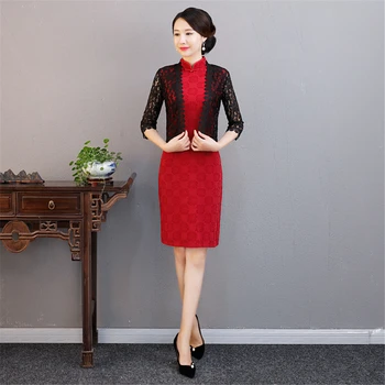 

Shanghai Story New Arrival Chinese Traditional Women Sleeveless Cheongsam Sexy Lace Shawl Slim Vestidos Floral Cheongsam