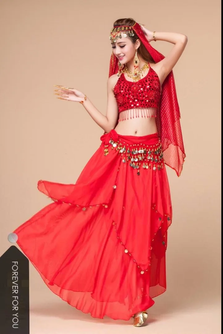 Костюм для танца живота Индийский Болливуд одежда (топ + юбка пояс вуаль)|indian