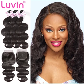 

Luvin 30 40 inch Brazilian Hair Weave Bundles Body Wave Human Hair 3 4 Bundles With Closure And Lace Closure Remy Hair Extension