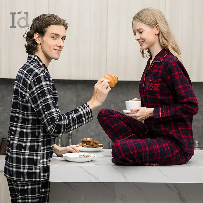 

Autumn Winter Thicken Models couple Flannel 100% Cotton Home set Plaid Style Pajamas nightdress Pyjamas
