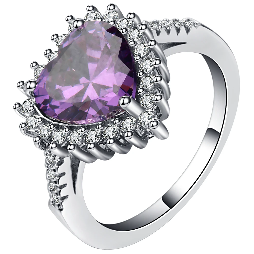 Exquisite Purple Cubic Zirconia Heart Ring Design Silver