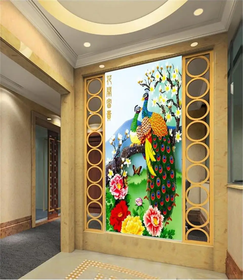 

Custom 3d photo wallpaper room mural Green Forest Peacock entrance 3D photo livingroom TV background non-woven wallpaper mural