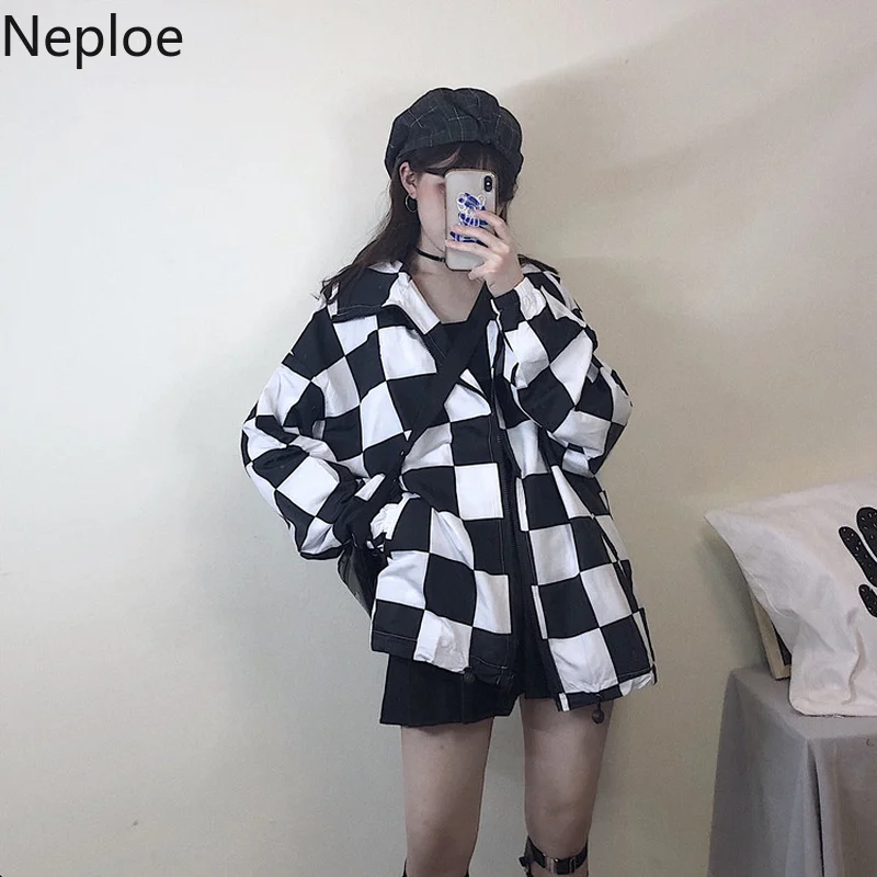 Neploe Autumn Loose Plaid Lovers Jackets Casual Turn Down Collar Zipper Denim Jacket Harajuku Style Open Stich Clothes 45505