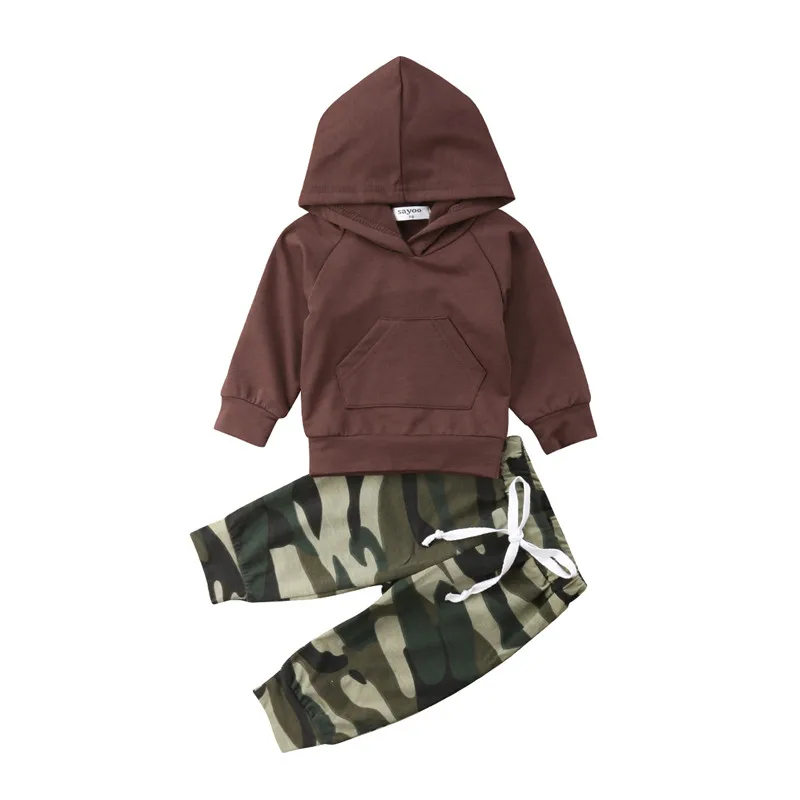 Trendy Baby Boys Toddler clothes long sleeve Hooded pocket pullover Tops Cute camouflage Pants 2pc cotton kids newborn Outfits