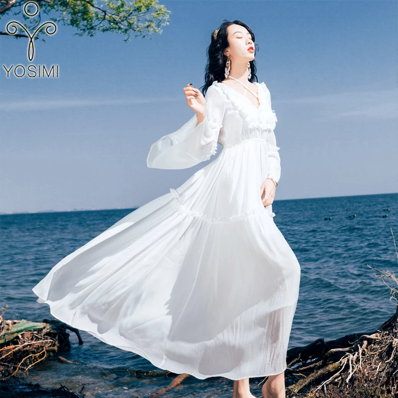 YOSIMI белое платье Лето Макси шифоновое длинное женское богемное пляжное платье бабочка рукав v-образный вырез до щиколотки женские платья