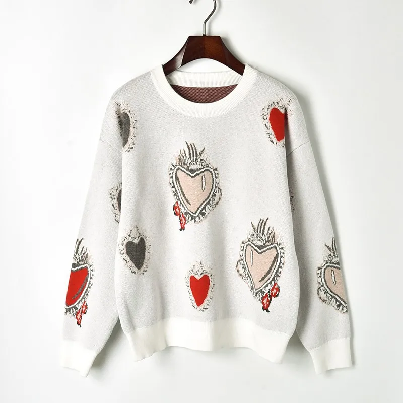 

2018 women winter multi color love gem sweater long sleeve round neck jacquard knit sweater causal loose women pullover kawaii