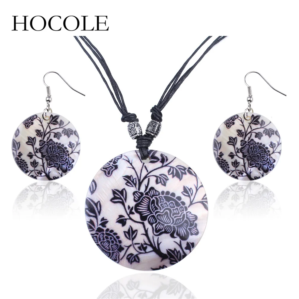 HOCOLE 2018 New Ethnic Natural Shell Jewelry Sets for Women Wax Rope Chain Round Blue Flower Earring Necklace Set Bijoux Femme | Украшения