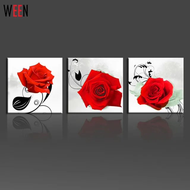 3 Piece Red Rose Wall Art Picture Modern Home Decoration Living Room or