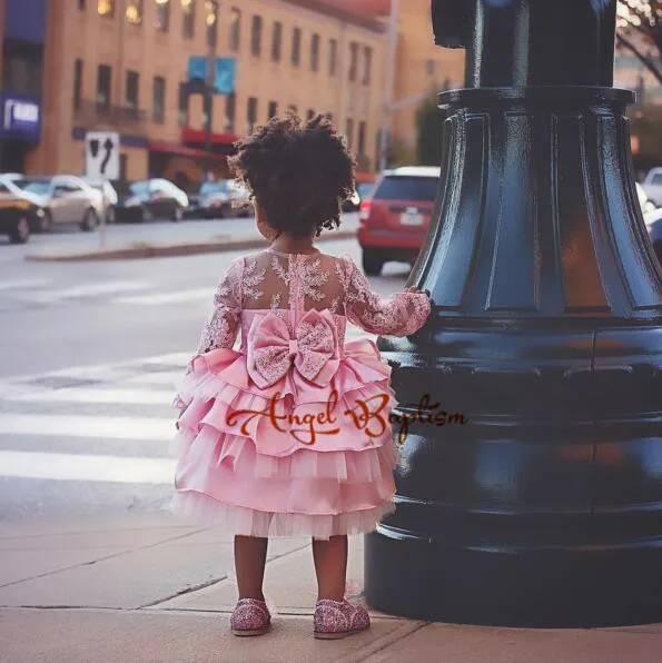 

Cute pink lace flower girl dresses sheer sleeves appliqued baby girl dress tiered toddler pageant birthday dress for party gowns