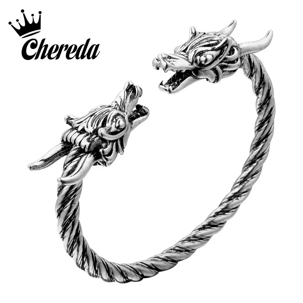 

Chereda Dragon Antique Silver Bangle Mens Slavic Norse Viking Punk Bangles Personality Adjustable Bangle for Boys