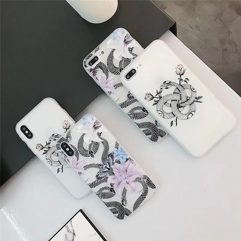 LUDI Retro 3D Floral Rose Snake Phone Case for iPhone 7 7Plus Soft TPU Phone Bag for iPhone X 6 6s 8 Plus Flower Back Cover     7