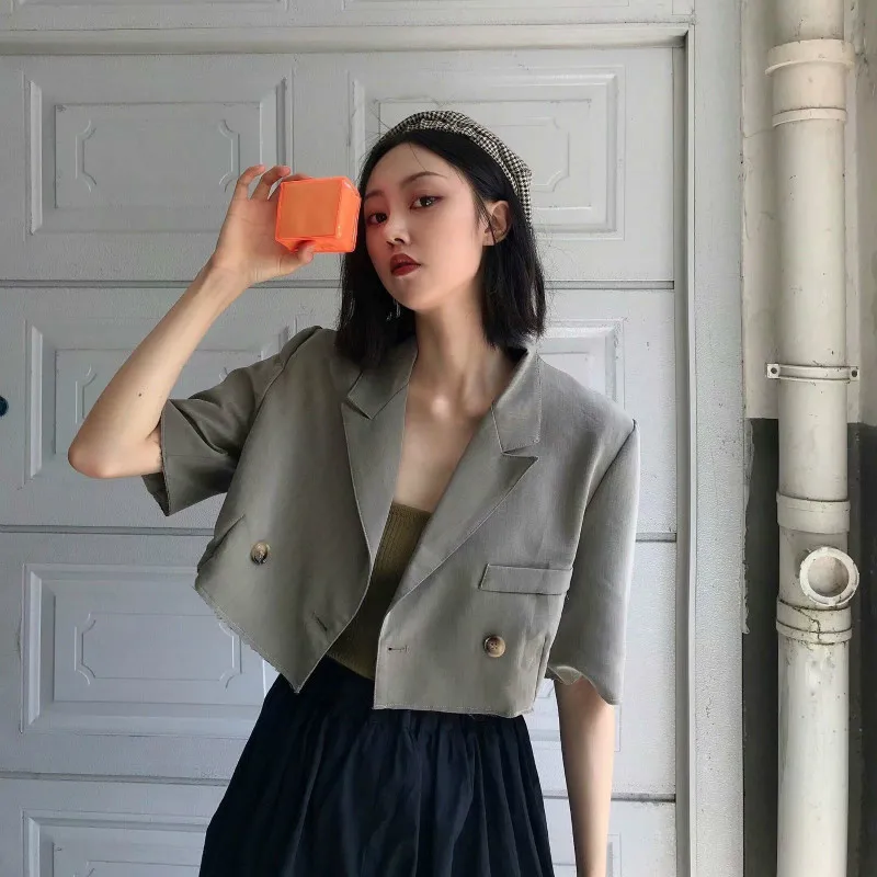 

Double Breasted Women Blazer Short Sleeve Notched Short 2019 Autum Coat