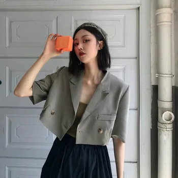 

Double Breasted Women Blazer Short Sleeve Notched Short 2019 Autum Coat