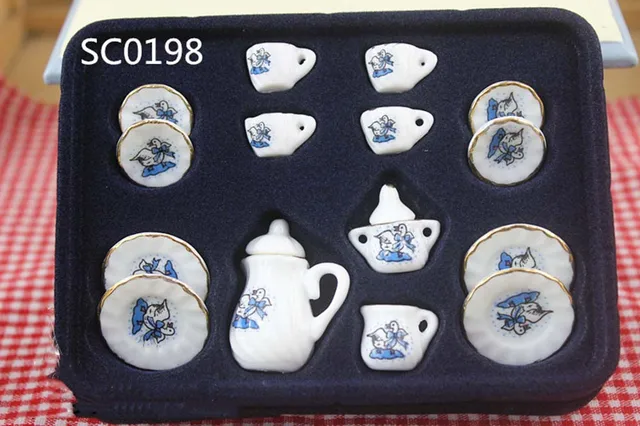 15Pcs 1/12 Dollhouse Miniature Accessories Mini Ceramics Tea Set Simulation Kettle Plate Cup Model Toys Doll House Decoration sc0198