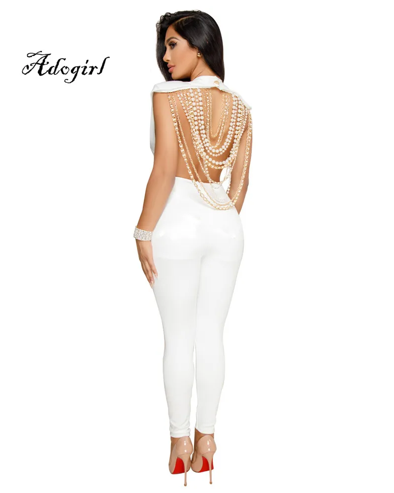 Adogirl 2018 Spring Sexy Back Pearl Chain Women Jumpsuit White-1