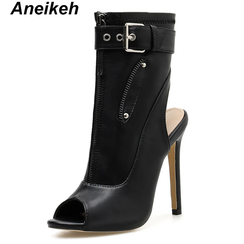 Aneikeh/ г. Летние ботильоны из PU искусственной кожи женская обувь на высоком каблуке пикантные женские ботинки «Челси» с открытым носком вечерние туфли на тонком каблуке Размеры 35-40