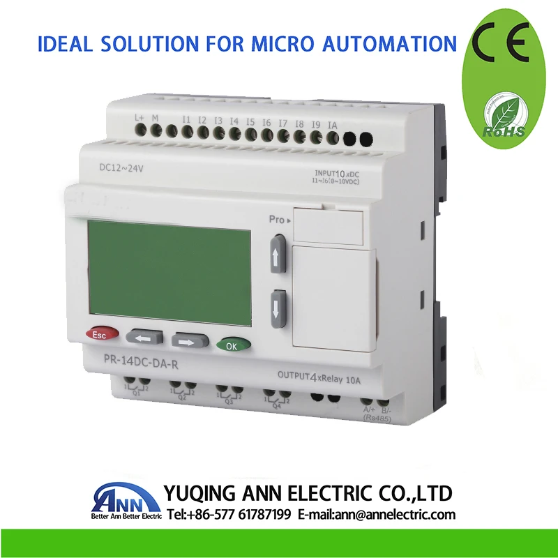 

PR-14DC-DA-R with LCD, without cable ,DC12V-DC24V,6 DI/AI(0...10V)+4 DI,4 relays(10A) output,smart relay,Micro PLC controller