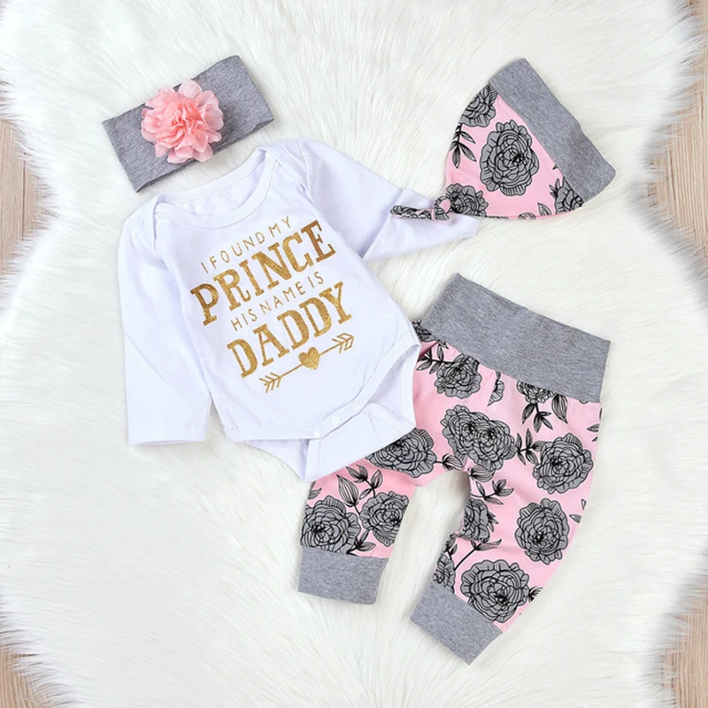 4PCS Newborn Baby Girls Clothes Long Sleeve Tops Romper Pants Headband Hat Outfits kiz bebek giyim Cute Floral Bodysuits
