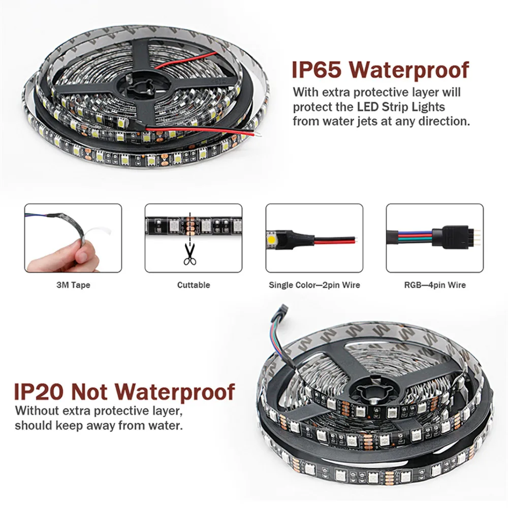 Черная Светодиодная лента с регулируемой яркостью 5 м 5050 rgb [DVOLADOR] DC12V 60