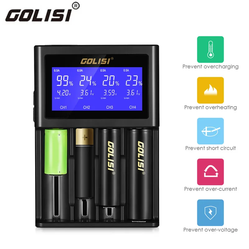 

Golisi S4 4 Slots Intelligent Battery LCD Charger Charging 1A 2A For 18650 20700 26650 Li-Ion Ni-Mh Ni-Cd AAA AA Battery Charger