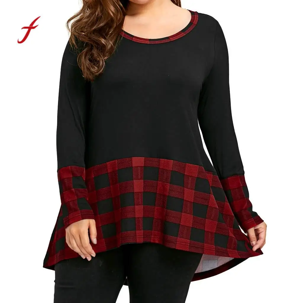 feitong High Quality T Shirt Women Casual Plaid Patchwork T-Shirt Ladies Loose Long Sleeve Top Women's Clothing T-shirt Red