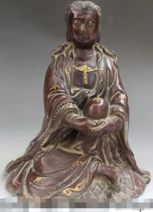 

S5161 9" Old Chins Purple Bronze Gold Seat Kwan-yin Bodhisattva Goddess Buddha Statue